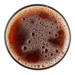 A close-up view of a frothy beer in a glass, showcasing rich amber color and bubbles. transparent background