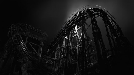 Obraz premium a roller coaster at night, with its structure lit by dim ambient light. The play of shadows adds depth and intrigue to the scene
