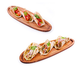 Delicious tacos served on wooden platter with fresh toppings