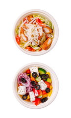Fresh salad bowls with grilled chicken and feta cheese toppings