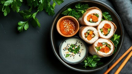 Gourmet turkey rolls with wheat stuffing and dipping sauces - culinary presentation.