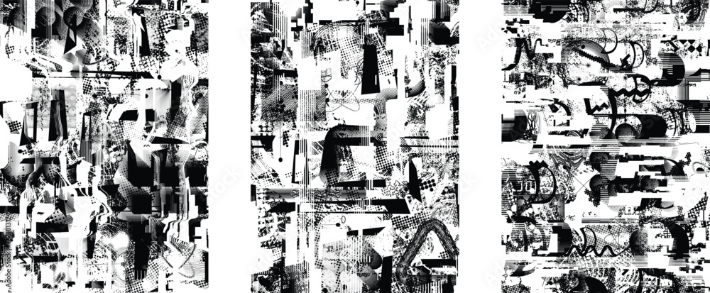 Poster Background with glitch distorted grunge textures . grunge background texture with halftone dots, glitched shapes, textures and lines .Screen print vector background with grunge textured surface.