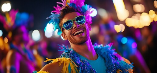 Celebrating life a jubilant man radiates happiness in a vibrant carnival