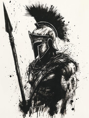 A black and white illustration of a Spartan warrior in profile, wearing a plumed helmet and holding a spear, with splattered ink effects adding a dramatic and dynamic feel.
