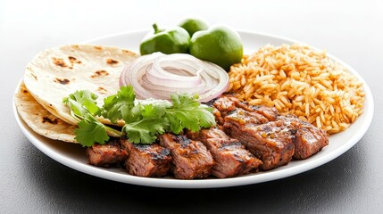 Famous Food of Mexican concept. Delicious grilled meat platter with rice, tortillas, and fresh vegetables.