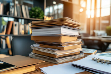 Stack Of Paperwork on Wooden Desk with Natural Lighting in Office Environment