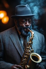 A seasoned jazz musician in a fedora and tweed suit passionately plays the saxophone in a moody, smoke-filled atmosphere, evoking the soulful essence of classic jazz club performances
