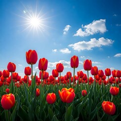 red tulips against blue sky