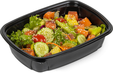 A fresh salad in a black container on a white background