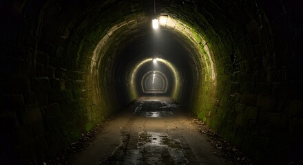 Dark Stone Tunnel Interior with Lights and Water Puddles