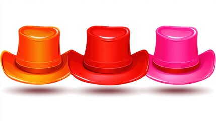 Three Colorful Cowboy Hats in a Row Orange Red and Pink Isolated on White Background