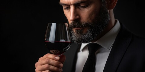 Elegant Deep Red Wine Tasting Close-Up Photography with Dramatic Lighting for Wine Enthusiasts