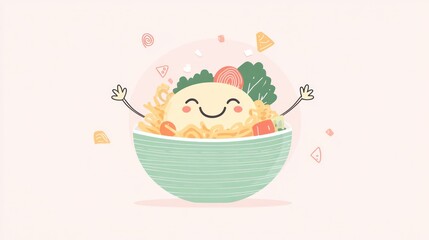 Cartoon bowl of noodles with vegetables, happy expression, whimsical background, stock image for food illustration, kids menu design