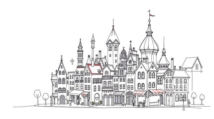 Fototapeta premium Adorable Hand-Drawn Sketch of a Charming City with Cute Buildings, Streets, and Playful Urban Details