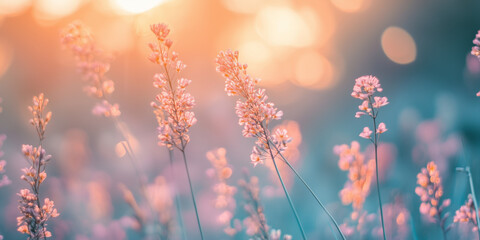 Obraz premium A delicated hue of, cinematic shot of grass flowers, with the camera capturing a slight movement