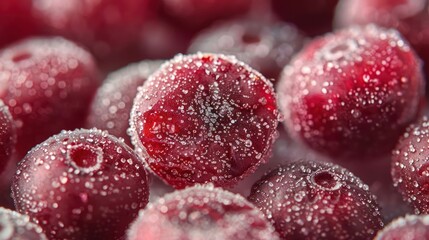 A close-up of frozen red berries coated in sugar, showcasing their texture and color.