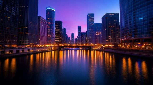 Chicago's urban reflection captured at twilight's enchanting embrace