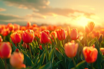 Amazing white tulip flowers blooming in a tulip field, against the background of blurry tulip flowers in the sunset light. Neural network ai generated