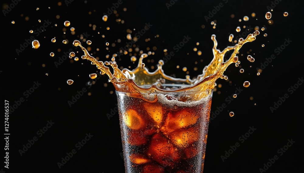 Poster illustration shows splash in glass with ice cubes on black background. fizzy drink droplets fly in a