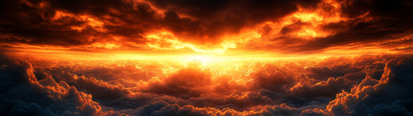 Fototapeta premium Celestial Inferno: A Dramatic Sunset - Fiery cloudscape, apocalyptic sunset, intense light, divine power, end of days. Symbolizing destruction, rebirth, power, chaos, and hope