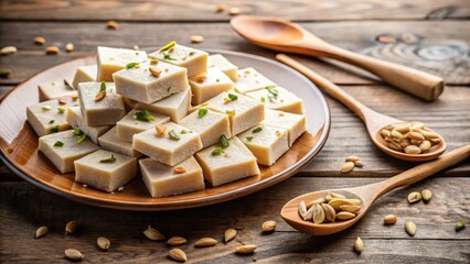 Fototapeta premium Rich, creamy kaju katli sweet spread on a white plate with a wooden spoon and garnished with chopped nuts