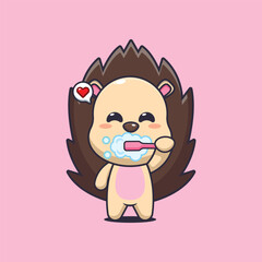 hedgehog mascot cartoon character vector illustration brushing teeth