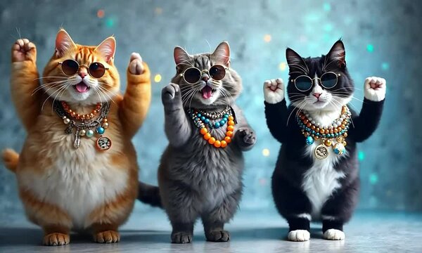 Animation of happy dressed dancing cats in sunglasses. Three funny cats with beads: gray, black and red dancing and moving their paws on a blue shiny background
