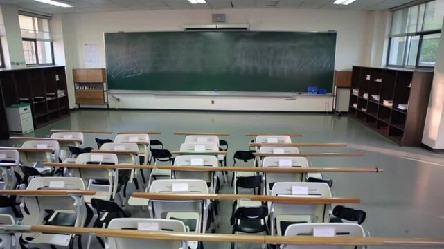 classroom in school. Animation empty school or university classroom with big chalkboard.