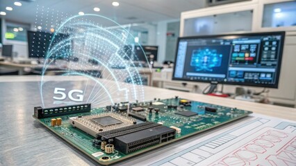 High-Tech 5G Circuit Board and Advanced Technology Workspace Focused on Electronic Innovations and Modern Engineering Concepts