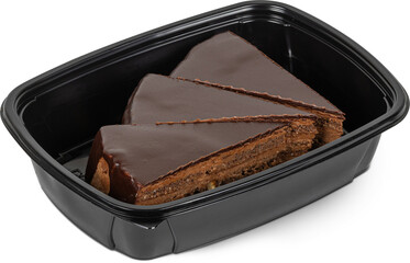 Three slices of chocolate cake are in a black takeout container