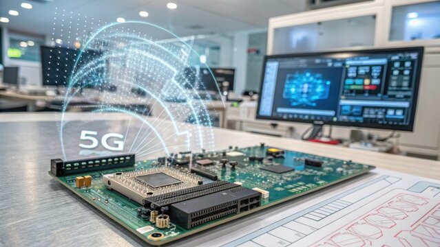 High-Tech 5G Circuit Board and Advanced Technology Workspace Focused on Electronic Innovations and Modern Engineering Concepts - Powered by Adobe