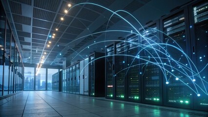 Futuristic Data Center Interior with Network Connections and Server Racks Illuminated by Soft Blue Lighting in High-Tech Environment