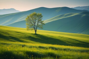 Naklejka premium there is a lone tree in a field of green grass