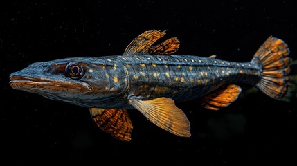 A bichir fish with prehistoric features, realistic and clean dark background