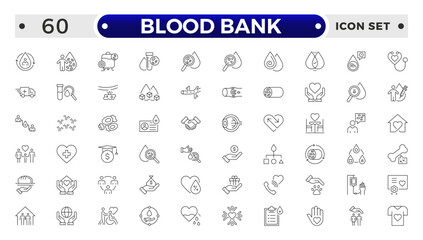 Blood Bank outline icon set with blood, donation, plasma, platelets, hemoglobin, apheresis, phlebotomy, transfusion, crossmatch blood bag, hearts, cute blood drop and rh factor.