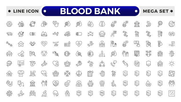 Blood Bank outline icon set with blood, donation, plasma, platelets, hemoglobin, apheresis, phlebotomy, transfusion, crossmatch blood bag, hearts, cute blood drop and rh factor.