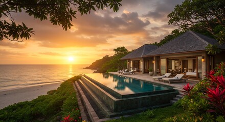 Fototapeta premium Beautiful poolside and sunset sky. Luxurious tropical beach landscape, deck chairs and loungers and water reflection generative ai