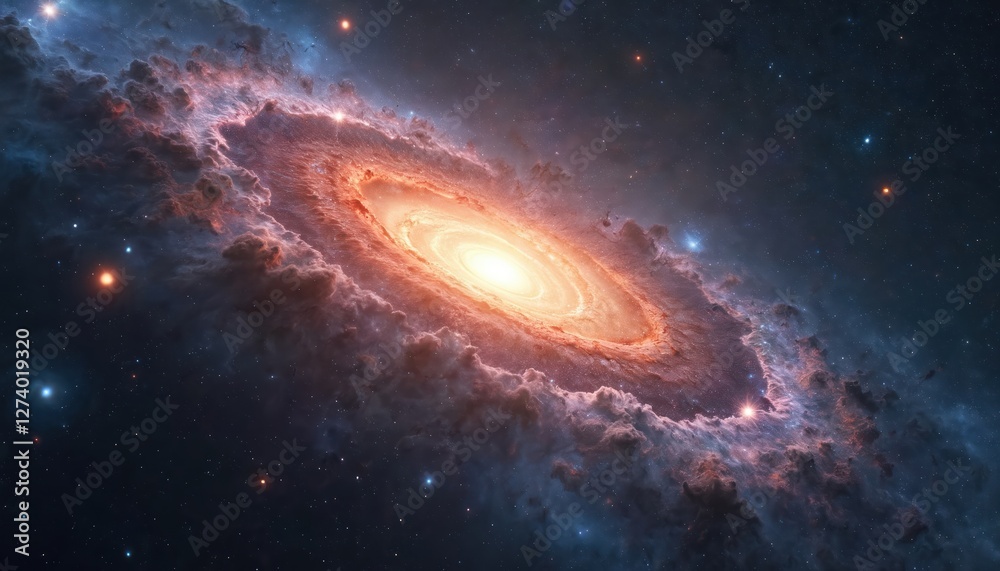 Poster illustration of quasar background with cosmic stars and spiral nebula in deep space. galactic univer