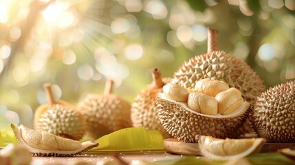 A close-up of durians, showcasing their spiky shells and creamy flesh in a natural setting.
