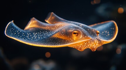 A close-up of an electric ray, smooth lighting, solid black backdrop
