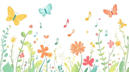 Colorful flowers, butterflies, and music notes; children's artwork; background