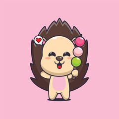 hedgehog mascot cartoon character vector illustration eating dango