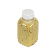 A small mustard bottle with a white lid on a white background