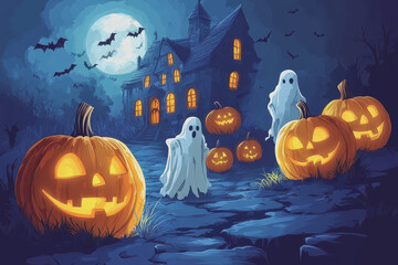 A spooky Halloween atmosphere with ghosts and pumpkins on a scary night.