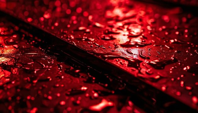 A red surface with water droplets on it