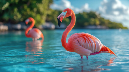 Obraz premium Summer wallpaper with tropical flamingos standing in calm turquoise waters