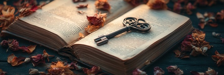 a vintage key lying on an empty book, surrounded by scattered dried flowers for an artistic composition.