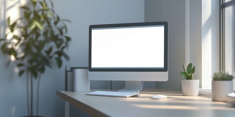 Close-up of a pristine white keyboard centered on a sleek gray desk, subtly tilted to the left, exuding elegance and modernity