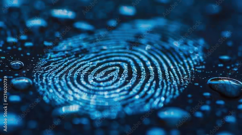 Poster a close-up of a fingerprint pattern surrounded by droplets on a dark surface.