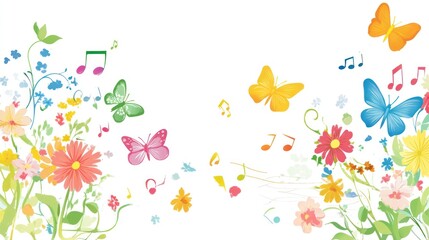 Colorful floral background with butterflies and musical notes. Ideal for spring or music themed projects